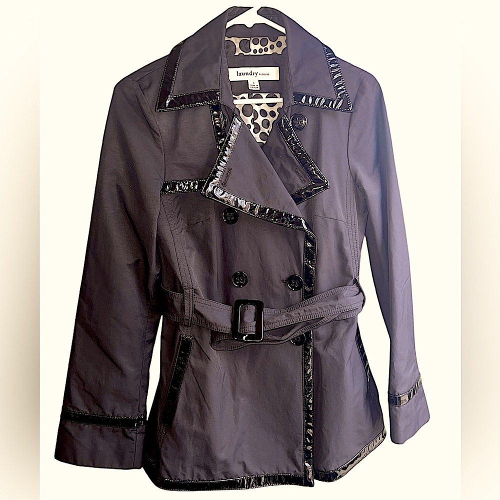 Laundry By Design Short Black Trench Coat Lined in Black Patent Leather Size S
